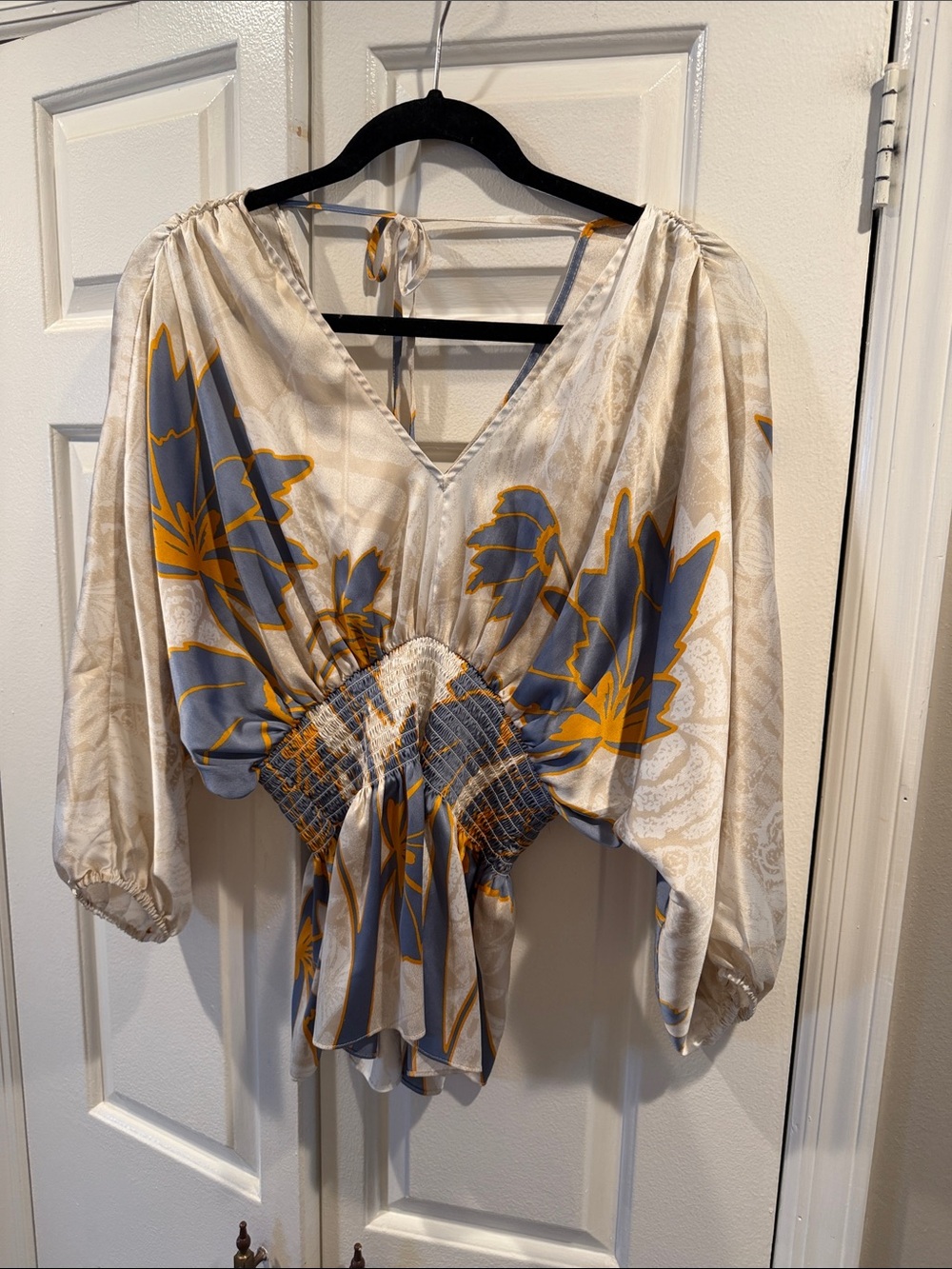 White House Black Market Cream Blouse with Gray and Mustard Floral Print